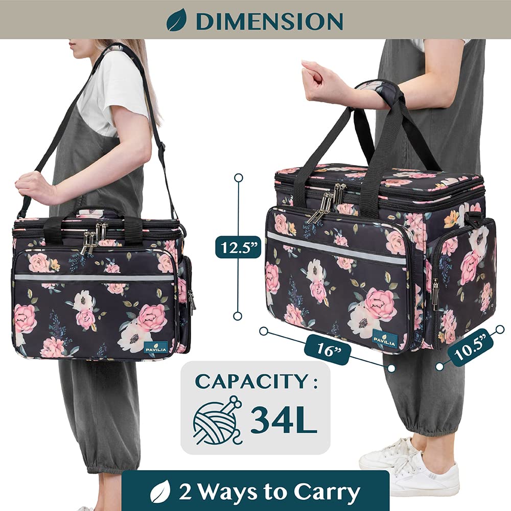 PAVILIA Knitting Yarn Storage Bag Crochet Knitter Organizer, Floral Black
