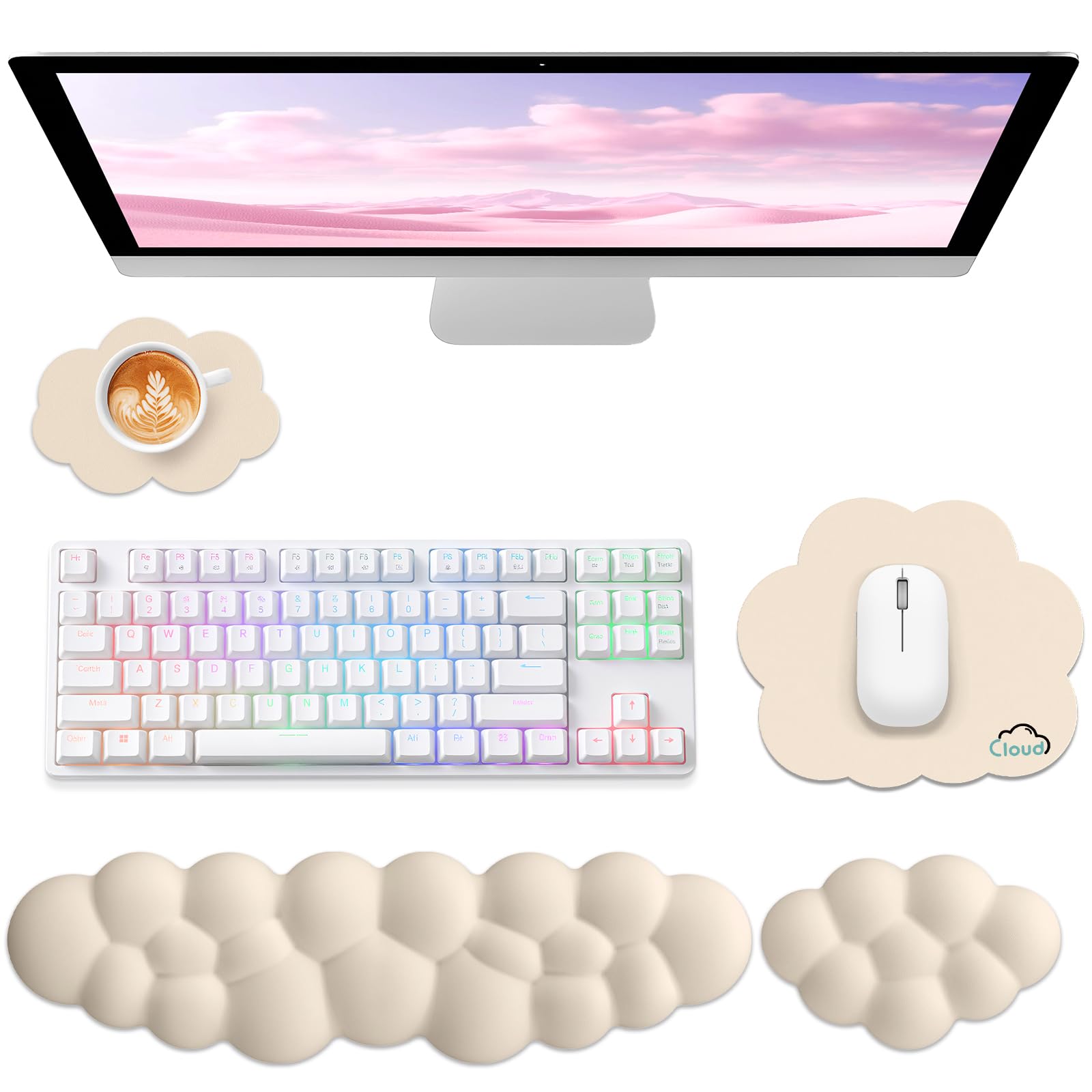 Sushret Cloud Wrist Rest for Computer Keyboard and Mouse Pad Set, Beige