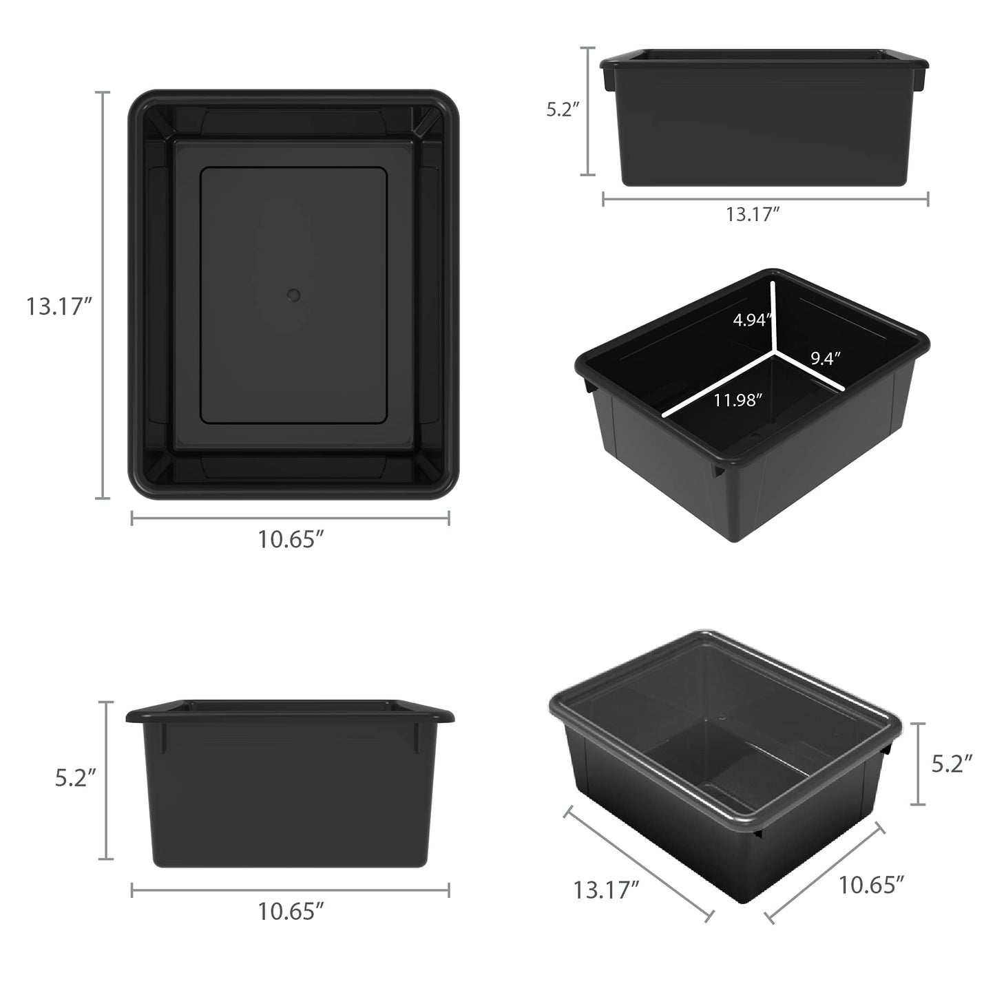 Storex Letter Size Deep Storage Tray – Organizer Bin for Classroom, Office and Home, Black, 5-Pack