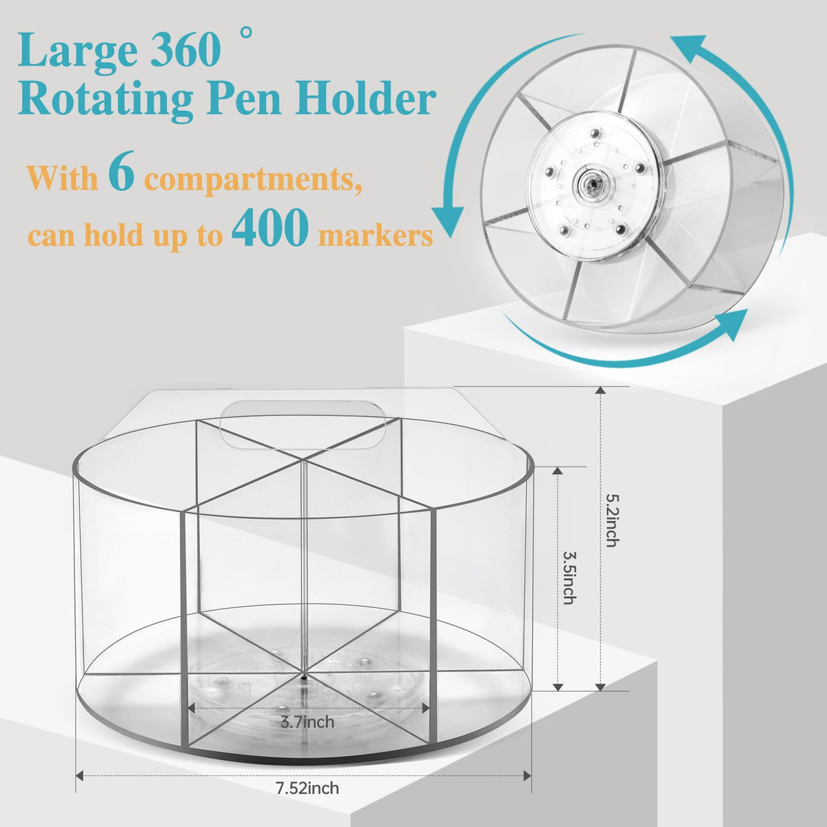 Hiborateed Large Acrylic Pen Holder for Desk, 6 Slots 360-Degree Rotating Pencil Holder Marker