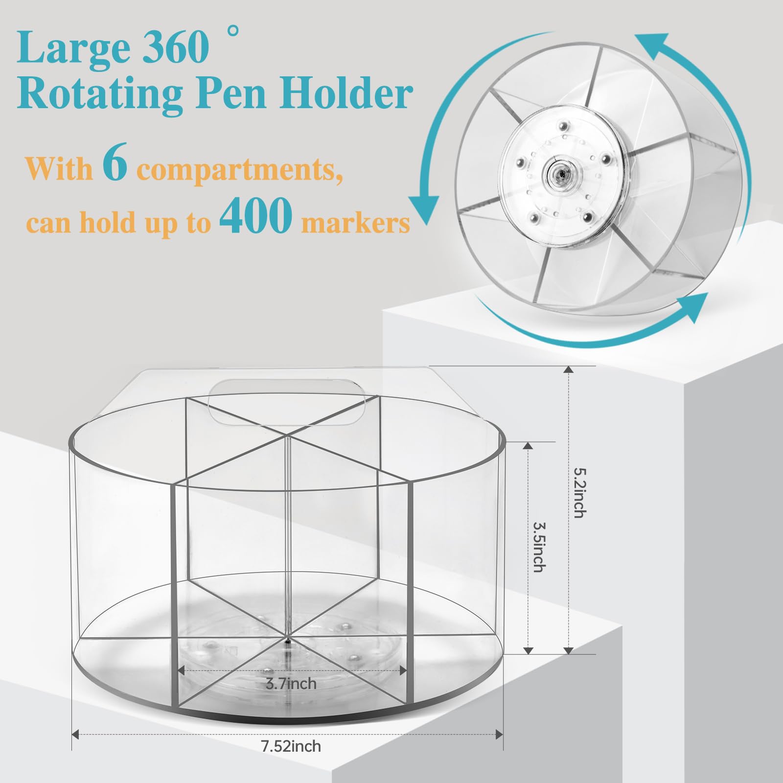 Hiborateed Large Acrylic Pen Holder for Desk, 6 Slots 360-Degree Rotating Pencil Holder Marker