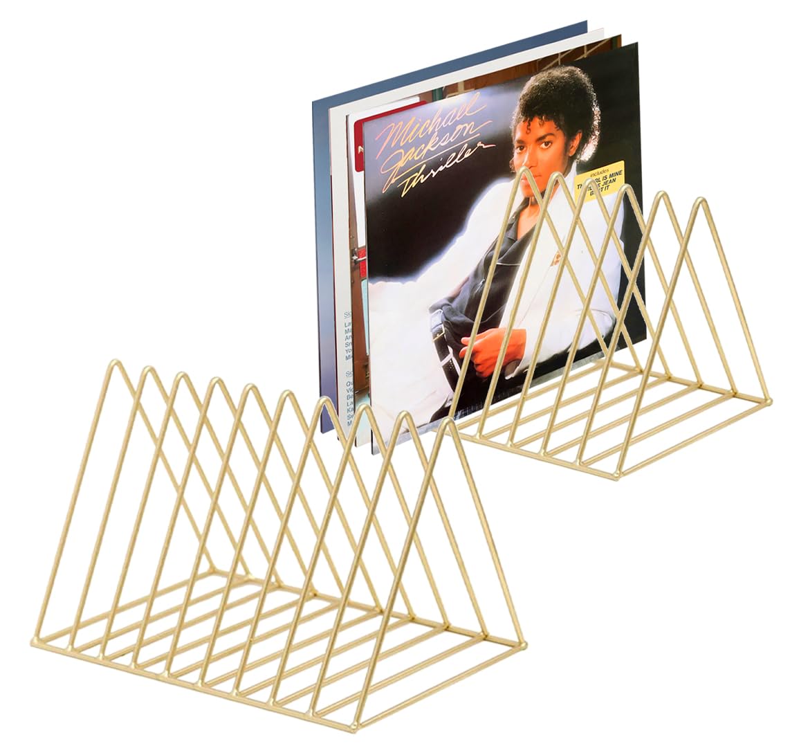 2 Vinyl Record Storage Rack, 9 Slots Holds 60 Albums, Metal Stand - Gold