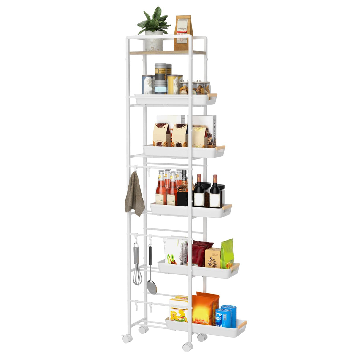 MAYBOSS 6 Tier Slim Storage Cart with Pull-Out Baskets Rolling Cart with Wheels Wood Top Narrow