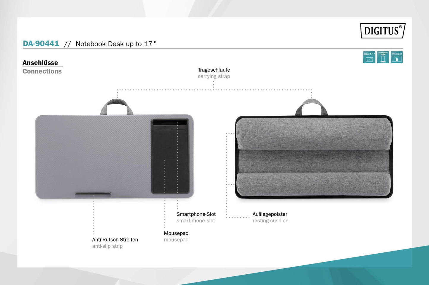 DIGITUS Notebook Desk/Workstation, 17 Inch, Mobile Phone Slot, Mouse Pad