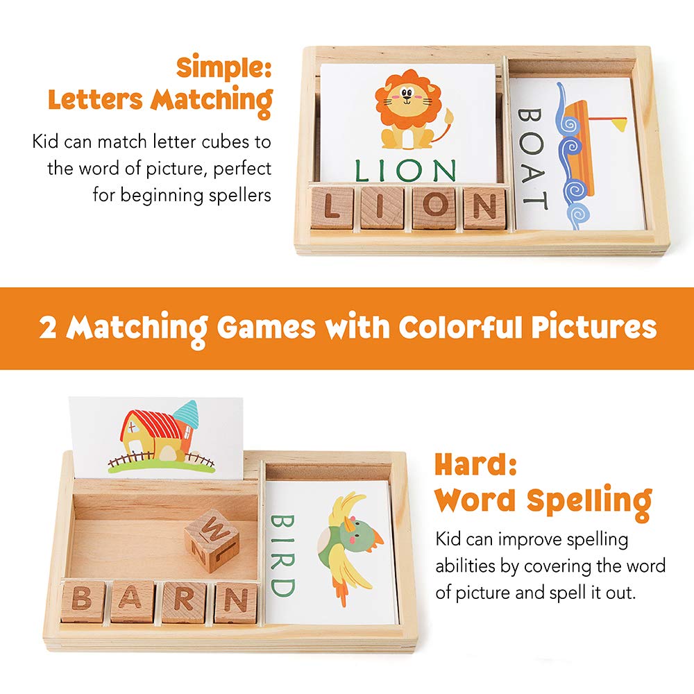 Coogam Spelling Games, Wooden Matching Letters Toy with Flash Cards Words, Montessori ABC Alphabet