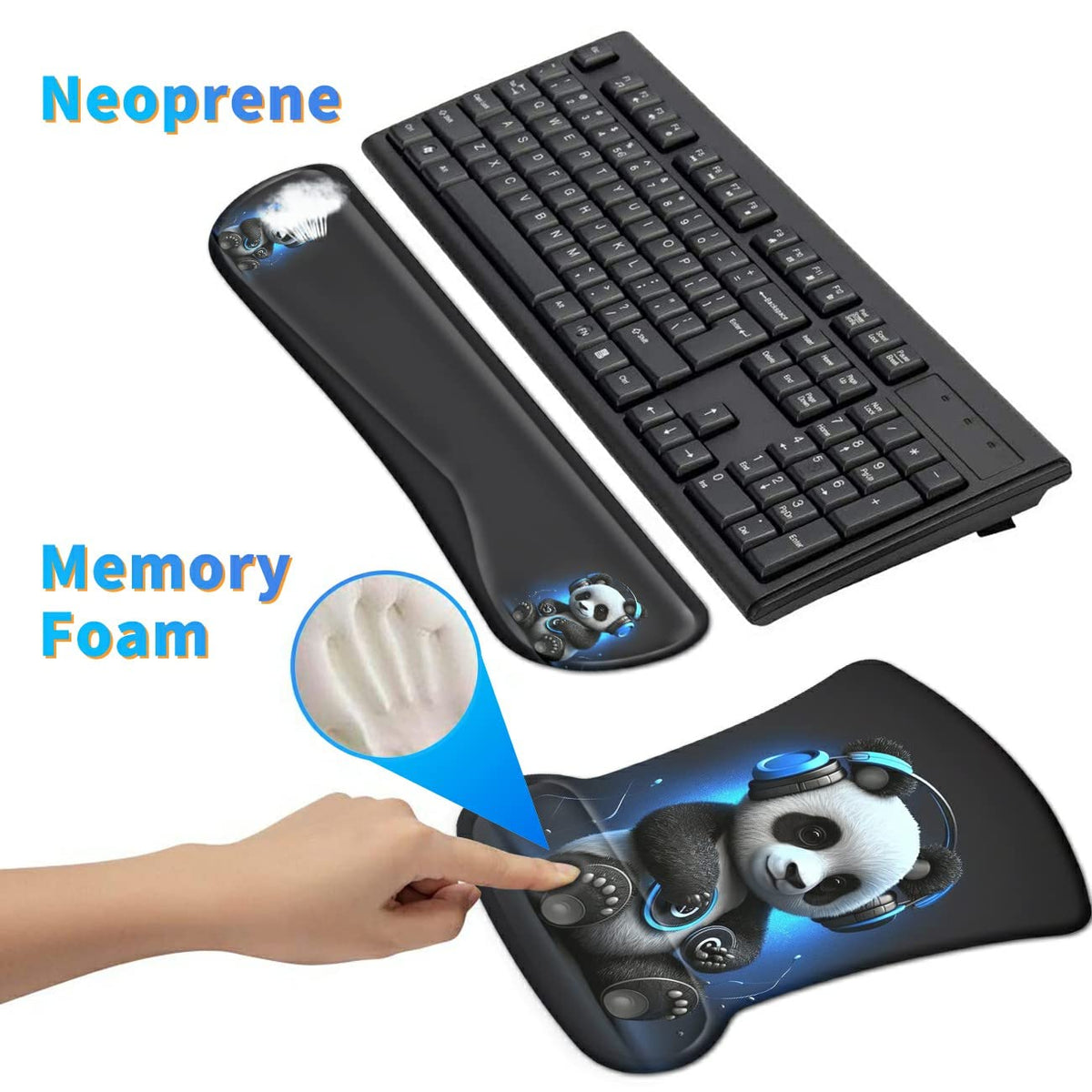 Dikoer 3Pcs Ergonomic Memory Foam Keyboard Wrist Rest Pad Set, Panda