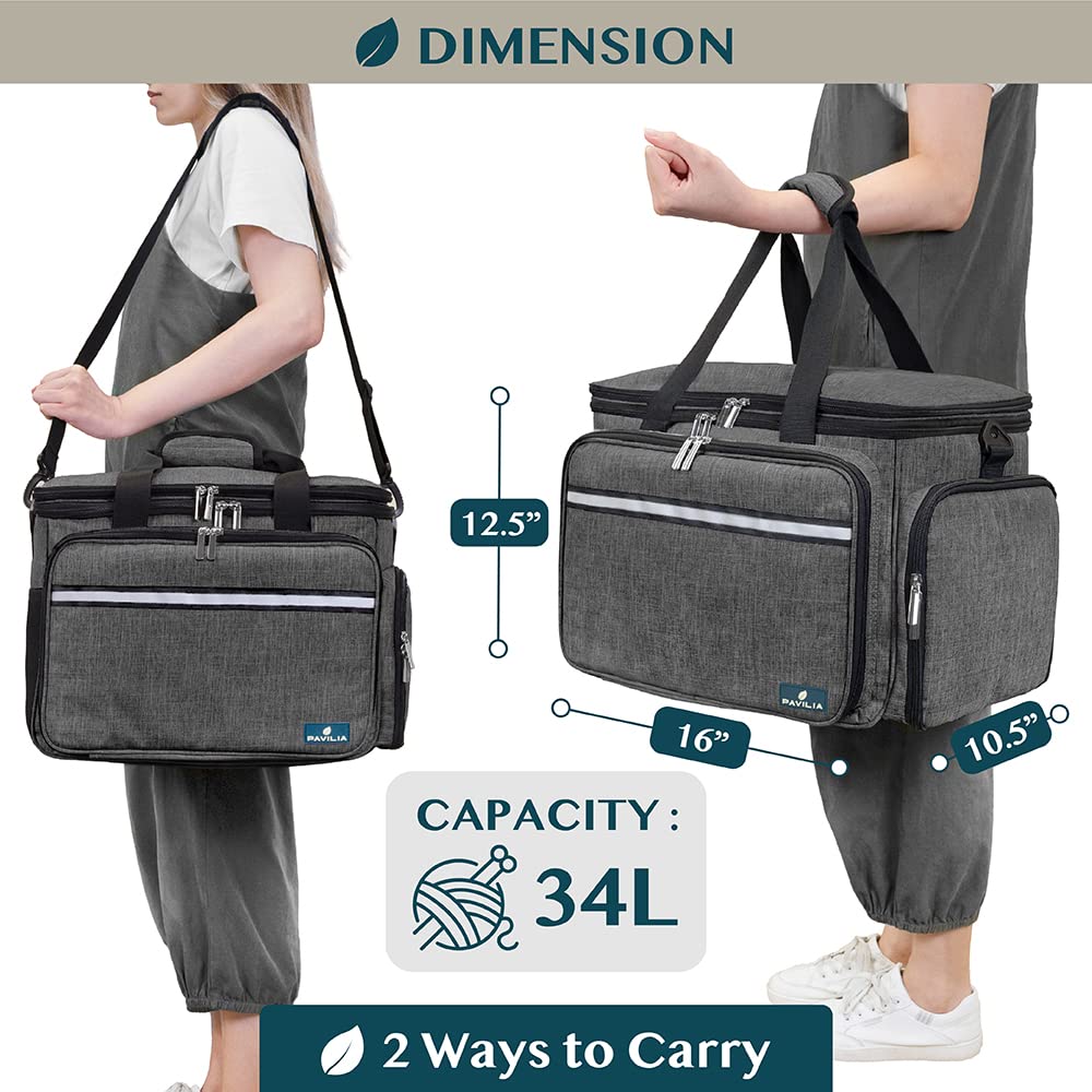 PAVILIA Knitting Yarn Storage Bag Crochet Organizer for Knitter, Dark Grey
