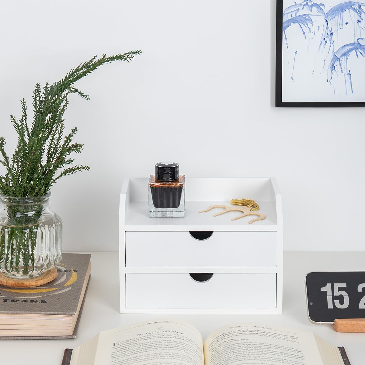 ROSE BLOOM White Wood Desk Organizer with 2 Drawers, Mini Cabinet with Storage Shelf for Tabletop