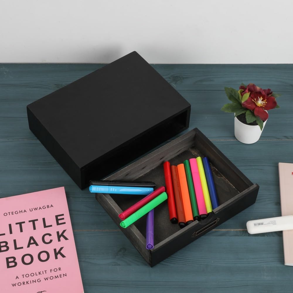 BoxSkivra Wooden Drawers Black Wood Desktop Organizer with Drawers