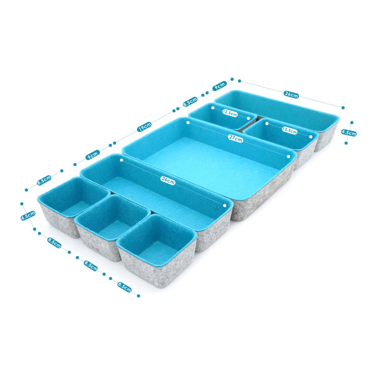 Welaxy Minimalist Felt Desk Drawer Organizer 8pc Turquoise Storage Bins