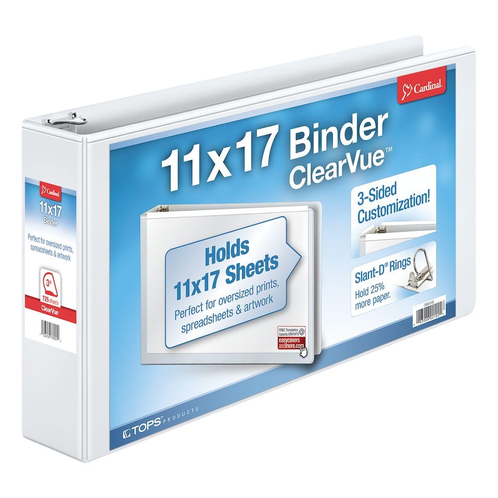 Cardinal 11-Inch x 17-Inch ClearVue Slant-D Ring Binder, 3-Inch, White (22142V3)