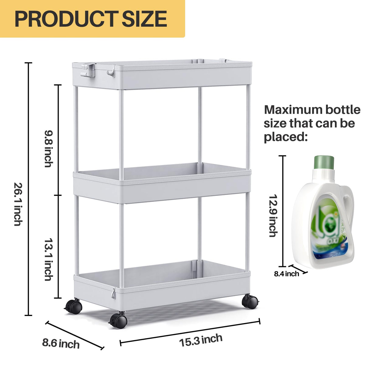 SPACEKEEPER 3 Tier Rolling Cart, Bathroom Cart Organizer with Wheels, Gray