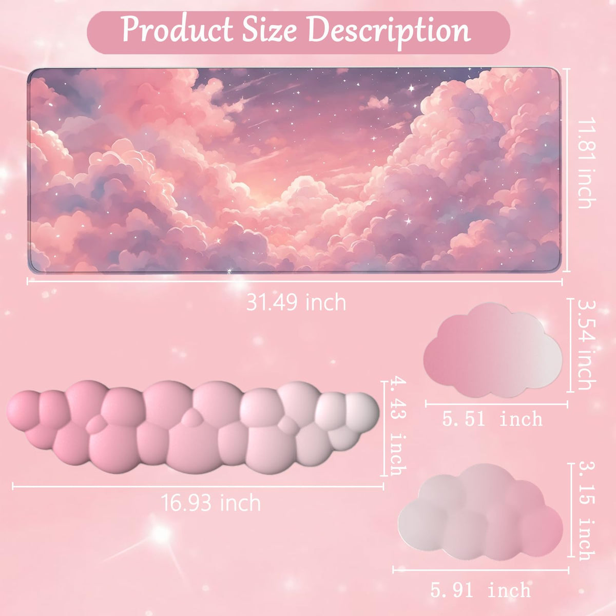 Pink Cloud Large Mouse Pad for Desk Cloud Keyboard Wrist Rest 4PCS Extended Cloud Desk Mat Pad Set