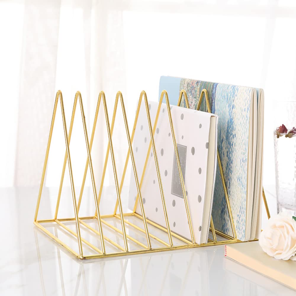 Sooyee 2 Pack 9 Slot Gold Magazine Holder, Desktop File Sorter Organizer Triangle Bookshelf Decor