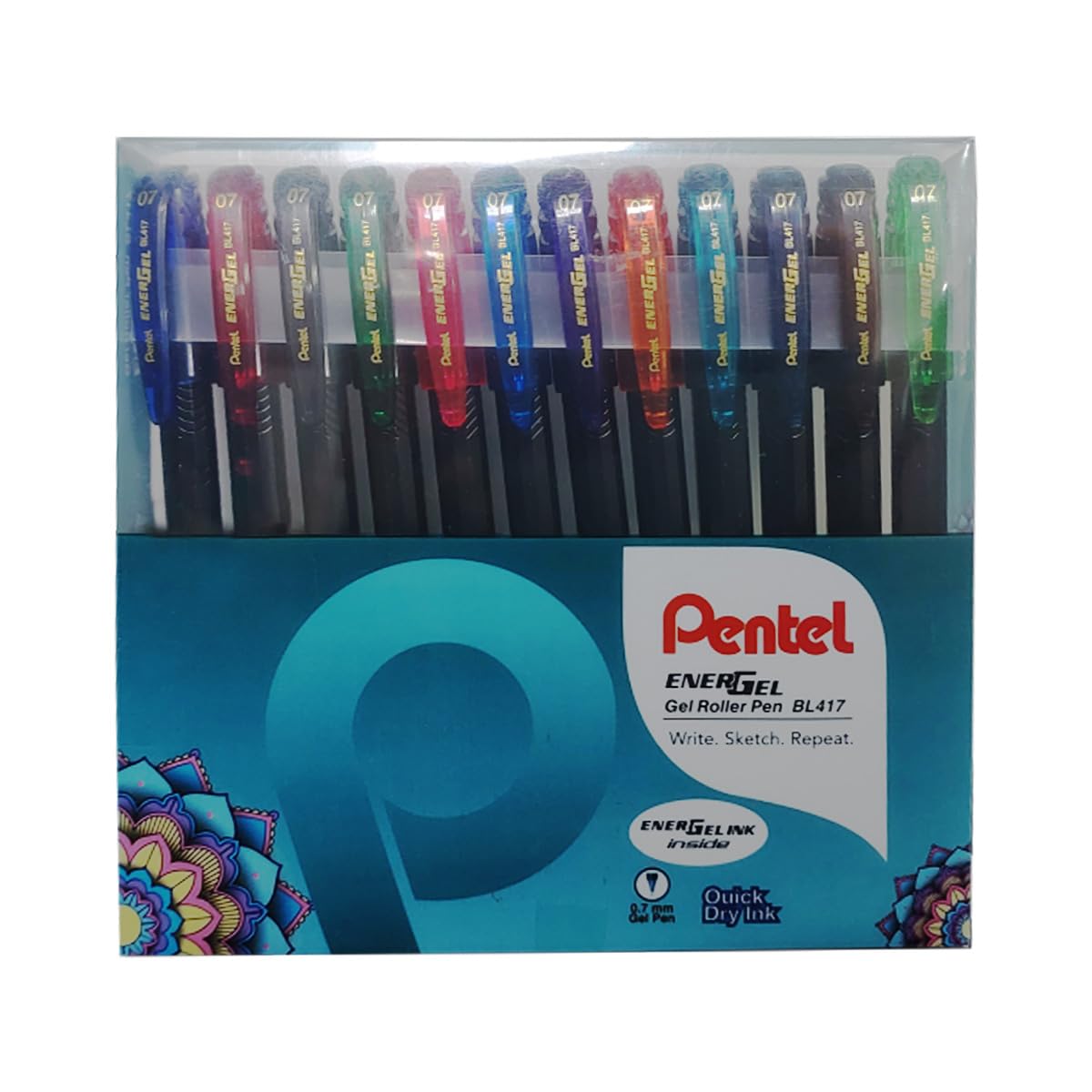 Pentel Energel 0.7 mm Metal Tip Roller Gel Pen Set 2 BLACK + 10 ASSORTED COLORS Pack of 12