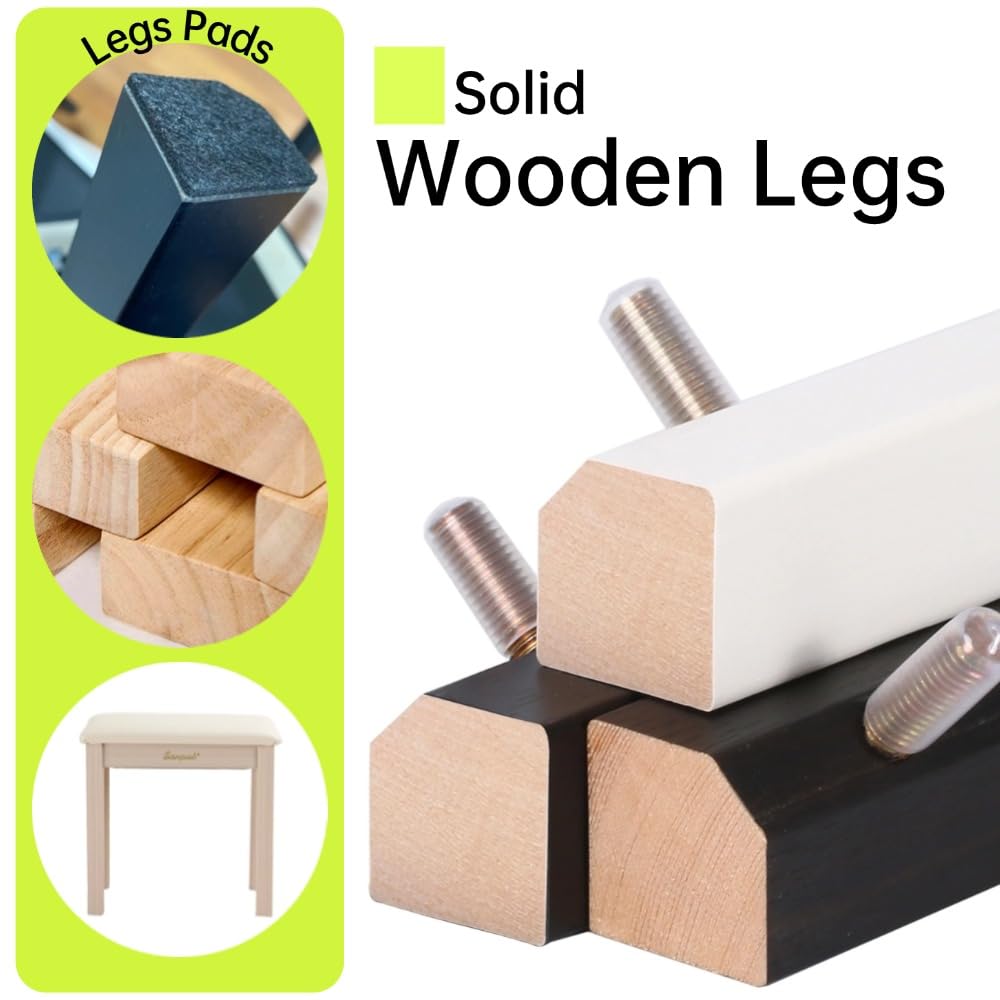 Sanpuli Solid Wood Piano Bench with Storage, Piano Stool and Padded Cushion, Keyboard Bench with