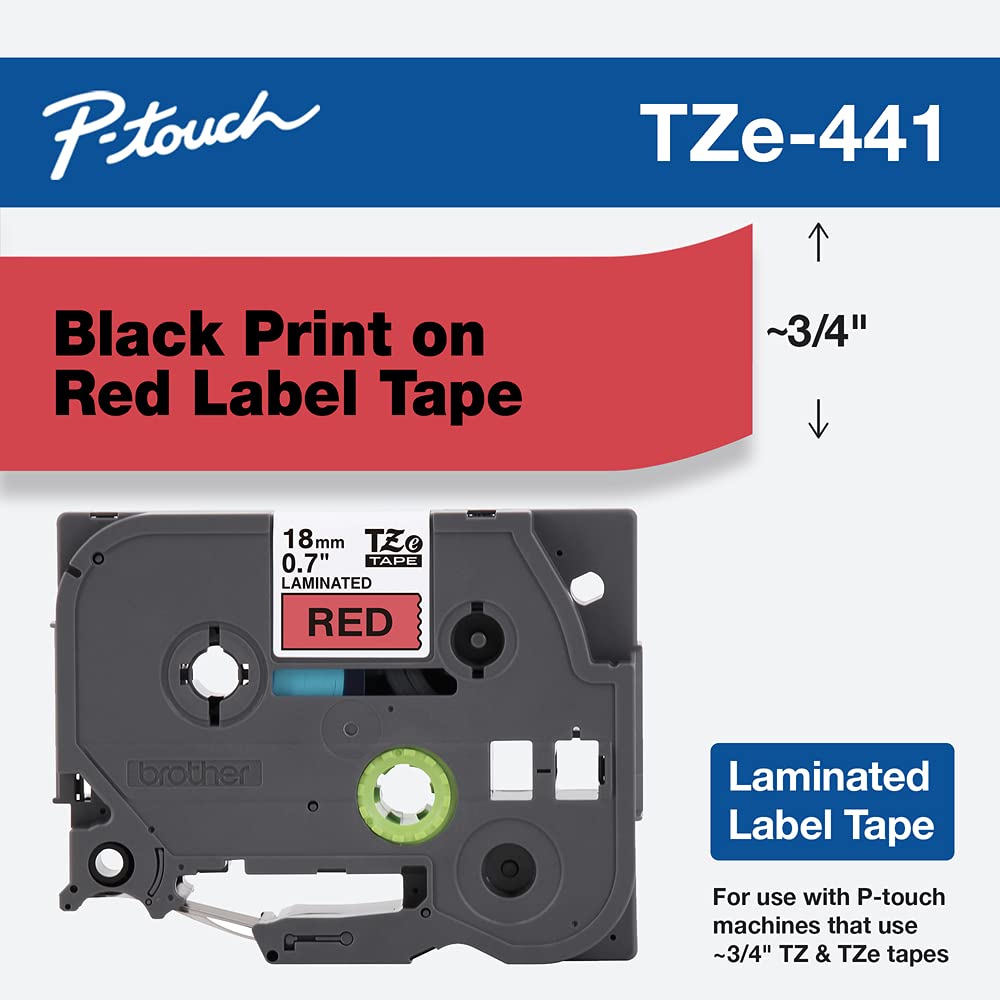 Brother Genuine P-Touch TZE-441 Tape, 3/4" (0.7") Wide Standard Laminated Tape, Black on Red