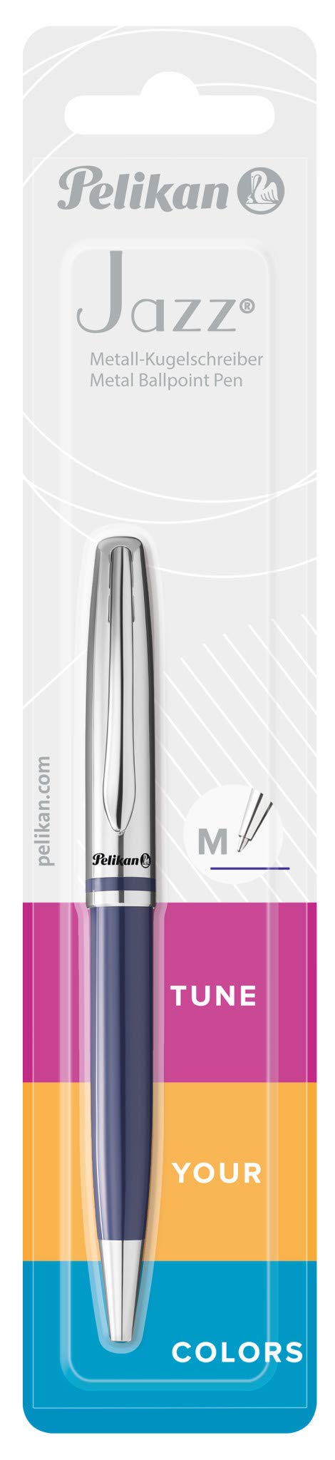 Pelikan Jazz Classic Ballpoint Pen, Medium Nib, Blue Ink Refill Included, Metal, Dark Blue, Blister