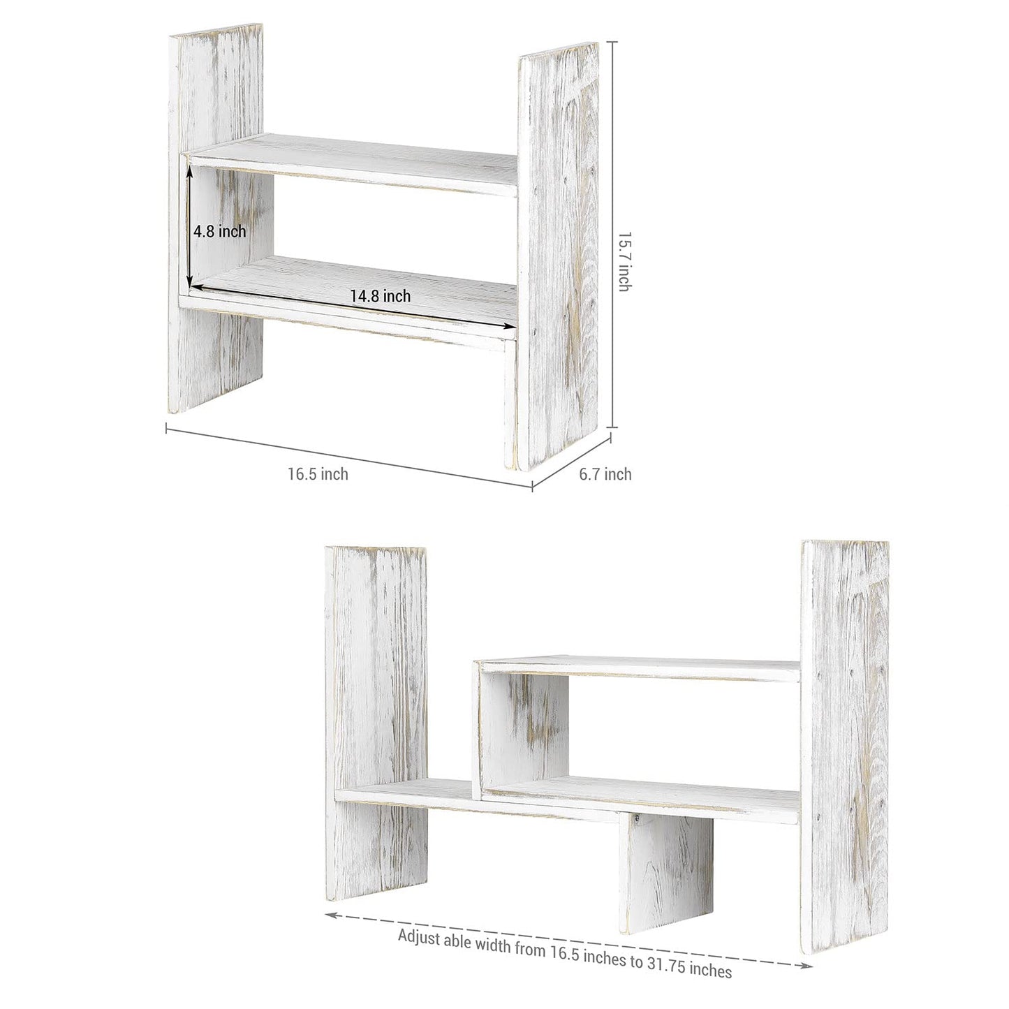 MyGift Adjustable Whitewashed Solid Wood Desktop Storage Organizer Display Shelf Book Rack, Office