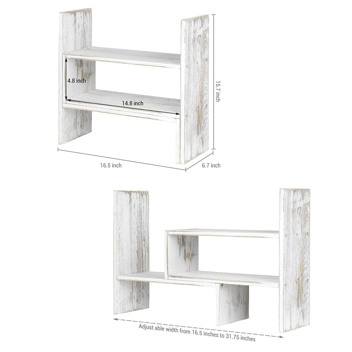 MyGift Adjustable Whitewashed Solid Wood Desktop Storage Organizer Display Shelf Book Rack, Office