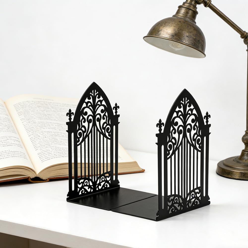 3Pairs Gothic Book Ends, Heavy Duty Metal Bookends for Shelves