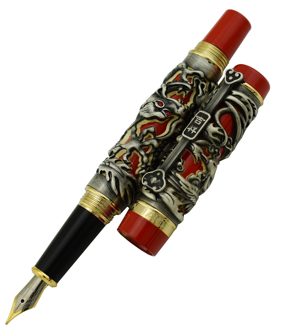 Jinhao Dragon Phoenix 3d Embossment Gray Red Fountain Pen Extra Fine Nib Chinese Ruyi Clip Wooden
