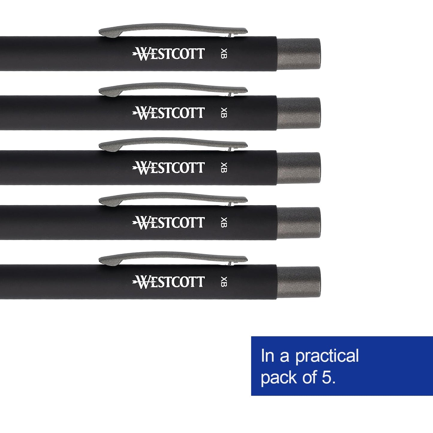 Westcott Premium Ballpoint Pen, Set of 5, Black Ballpoint Pens Made of Aluminium, Document Safe
