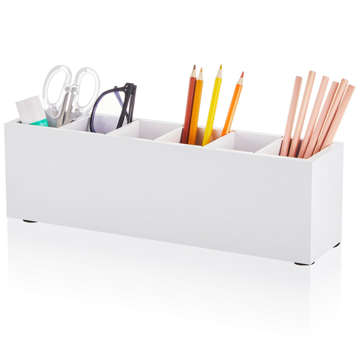 Jetec Wooden Pencil Pen Holder for Desk, White, 6 Compartments
