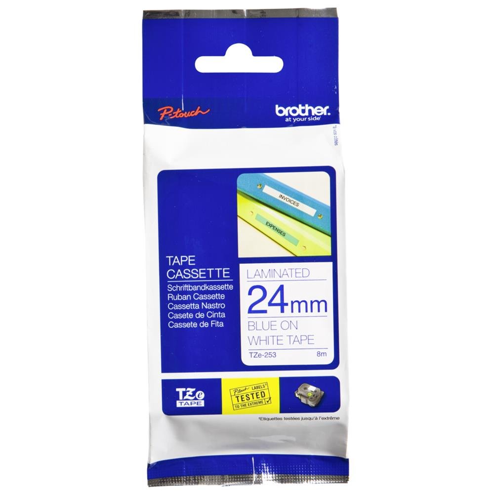 Brother TZe-253 Labelling Tape Cassette, Laminated, Genuine Supplies, Blue on White, 24 mm (W) x 8