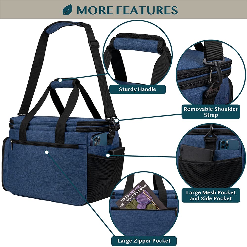 PAVILIA Large Knitting Yarn Storage Bag Crochet Organizer for Knitter, Navy
