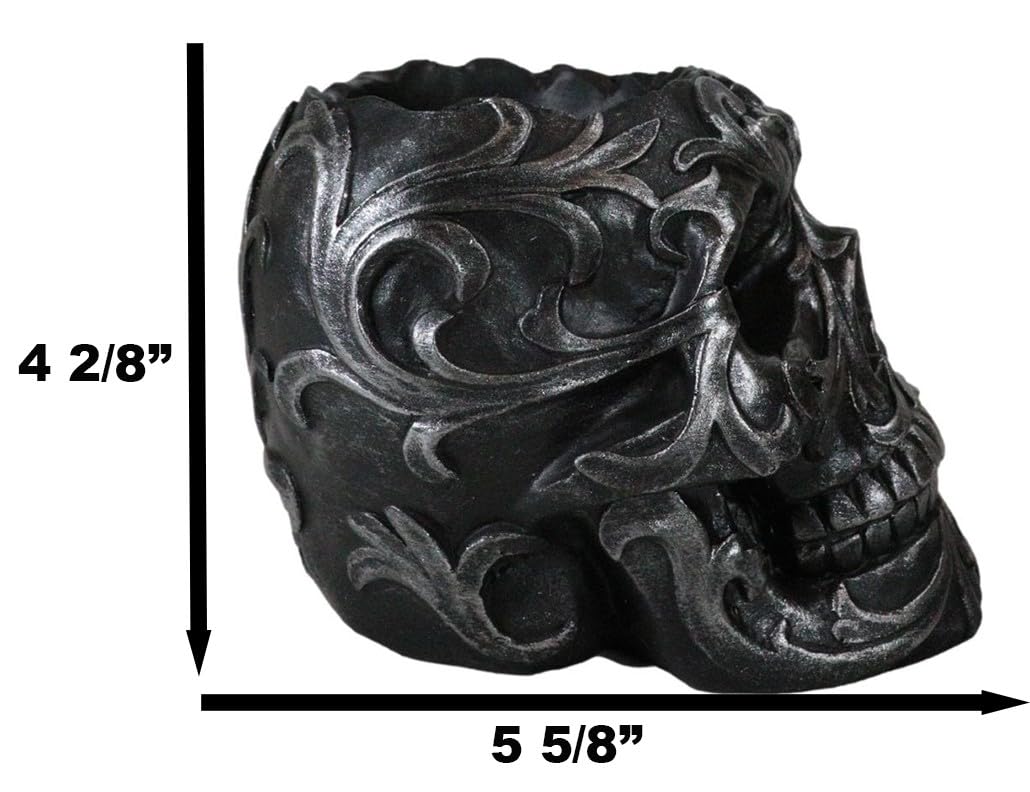 Ebros Gift Set Of 2 Tribal Tattoo Floral Skull Pen Holder Figurine 5.75" L Office Desktop Ossuary