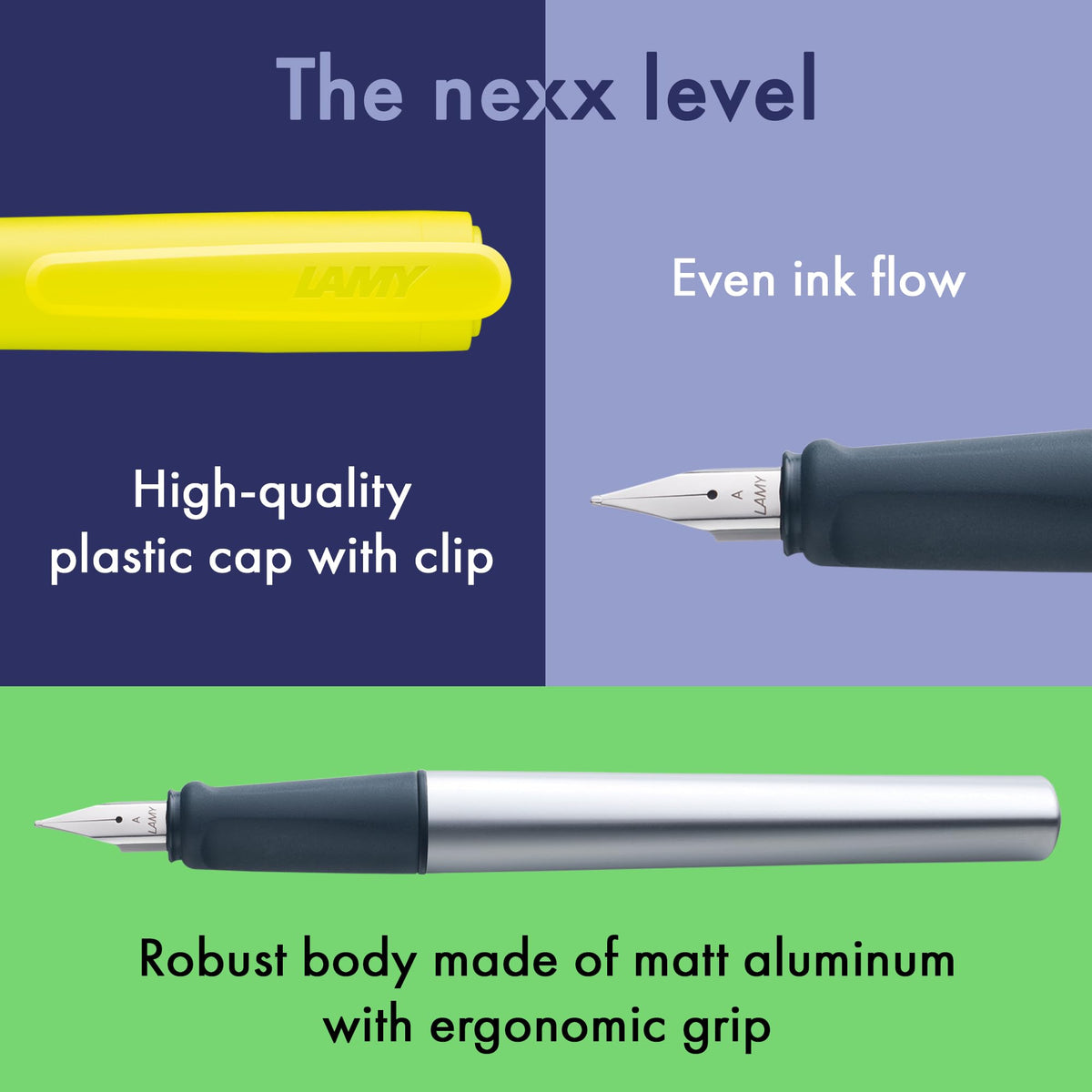 LAMY nexx neonyellow – Fountain Pen with slip-proof grip & polished steel nib in size A