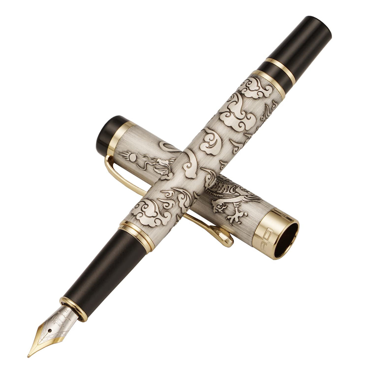 Jinhao 5000 Vintage Luxurious Metal Fountain Pen Beautiful Dragon Texture Carving, Ancient Gray