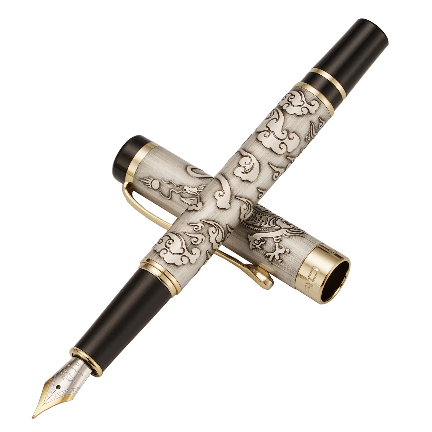 Jinhao 5000 Vintage Luxurious Metal Fountain Pen Beautiful Dragon Texture Carving, Ancient Gray