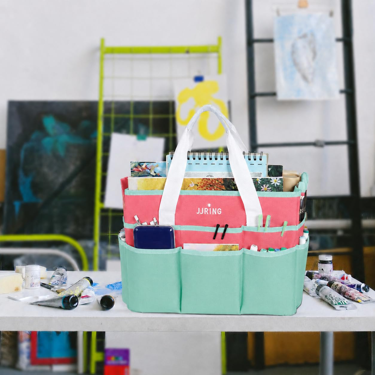 JJRING Craft Organizer Tote Bag Large Art Storage Caddy Green and Orange