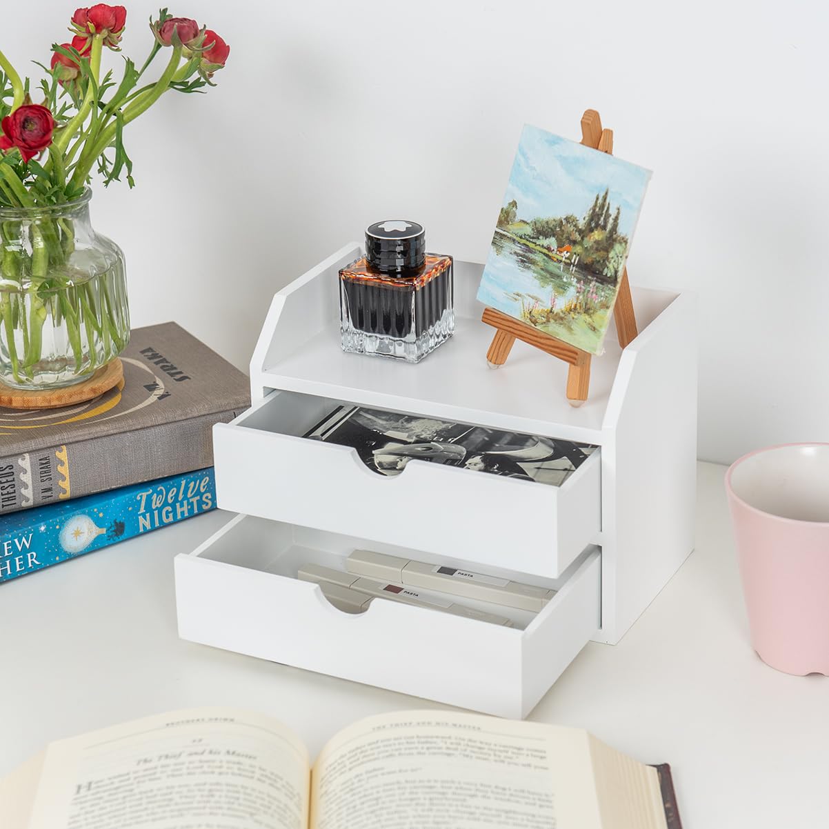 ROSE BLOOM White Wood Desk Organizer with 2 Drawers, Mini Cabinet with Storage Shelf for Tabletop