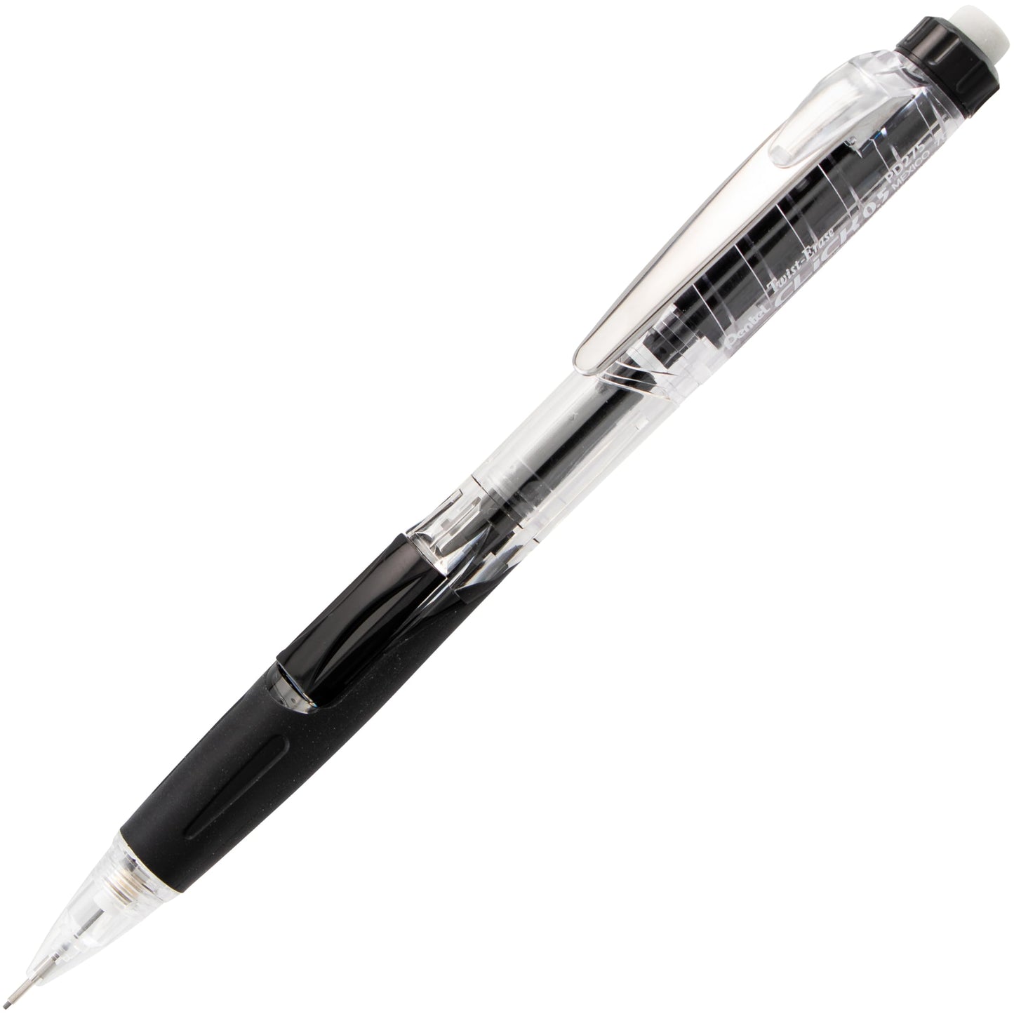 Pentel Twist Erase CLICK Mechanical Pencil, Pack of 12, (0.5mm), Clear Barrel, Black Grip, Box of