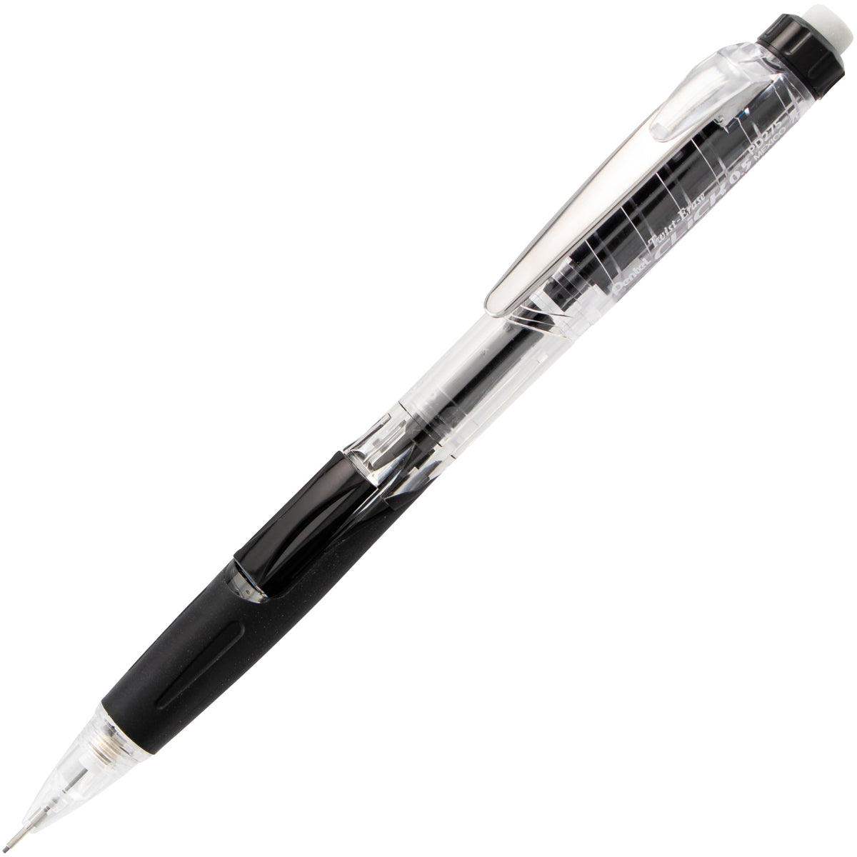 Pentel Twist Erase CLICK Mechanical Pencil, Pack of 12, (0.5mm), Clear Barrel, Black Grip, Box of