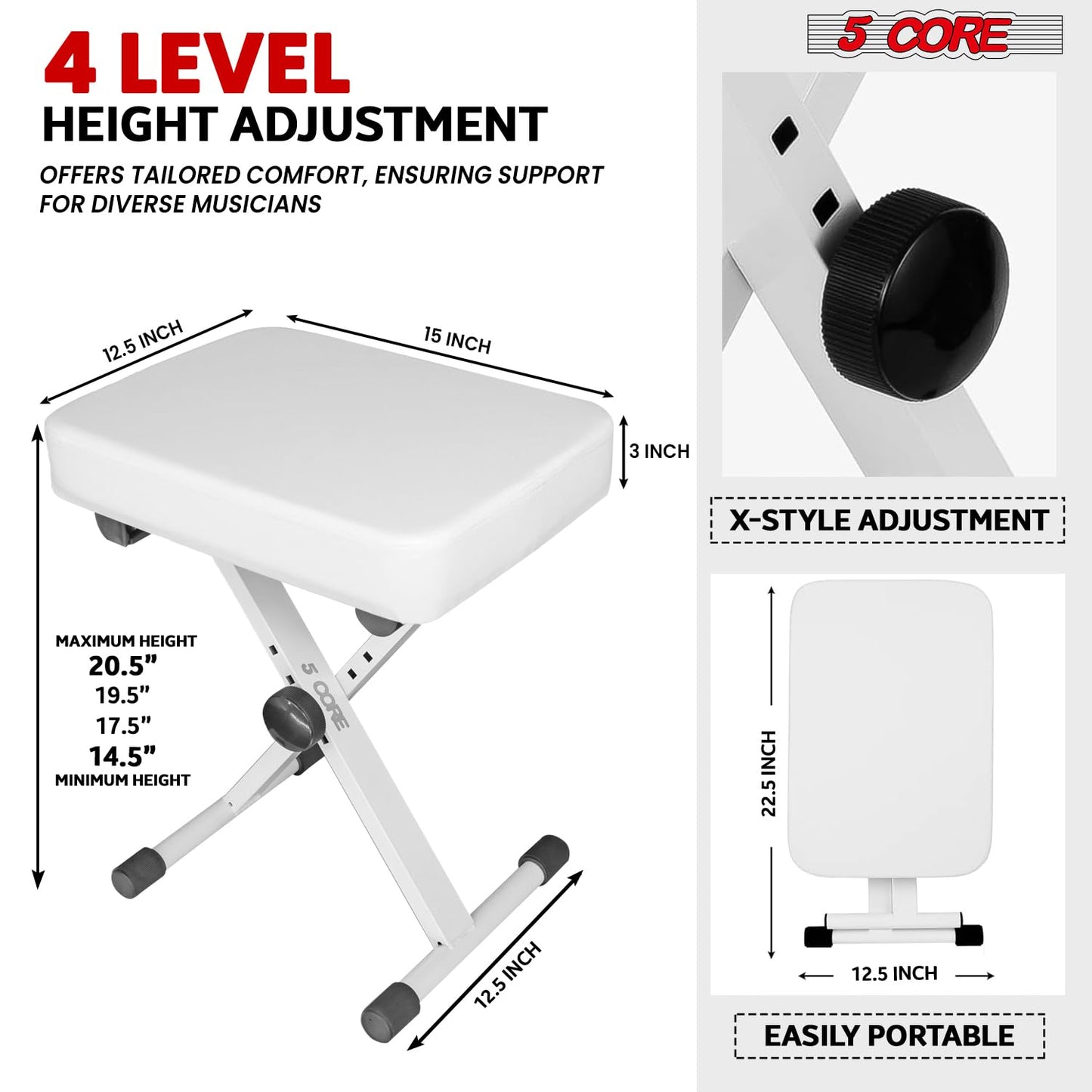 5 CORE Piano Bench X-Style Foldable 3" Padded Keyboard Seat Adjustable Height for Keyboards Synths