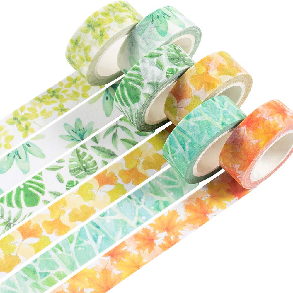 YUBBAEX Lush Plants Washi Tape Set 6 Rolls Floral Masking Decorative Tapes 15mm Wide (Feeling of