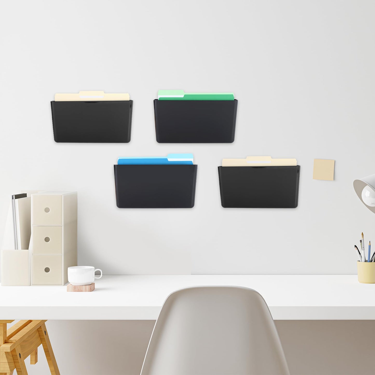 EASEPRES 4 Pack Black Single Pocket Hanging File Organizer, Plastic Wall Mount Paper Mails