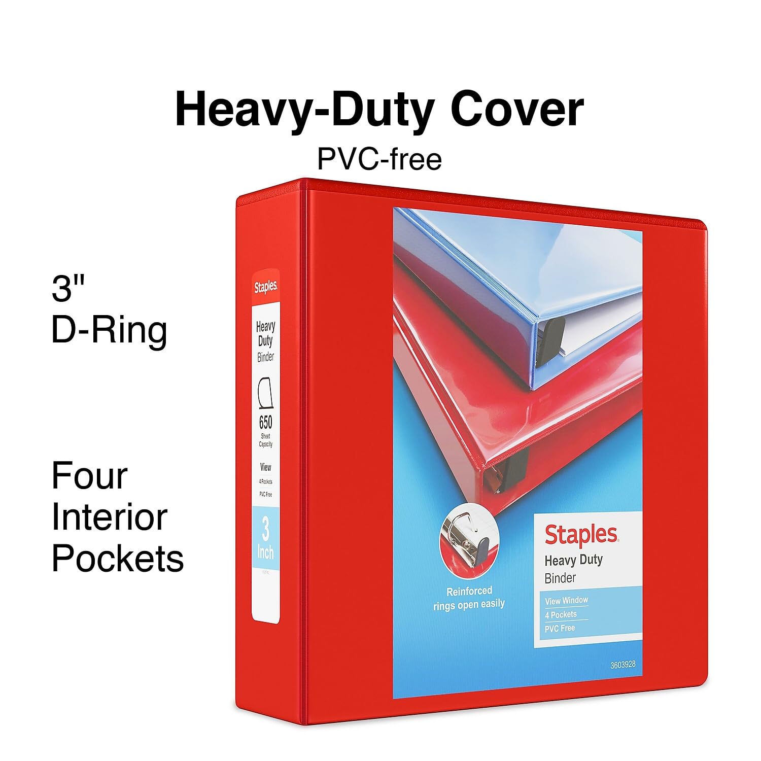 Staples Heavy-Duty 3-Inch D-Ring View Binder, Red, 600 Sheets