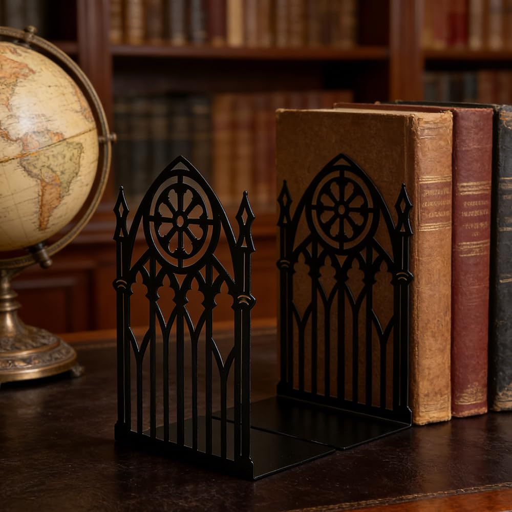 3Pairs Gothic Book Ends, Heavy Duty Metal Bookends for Shelves