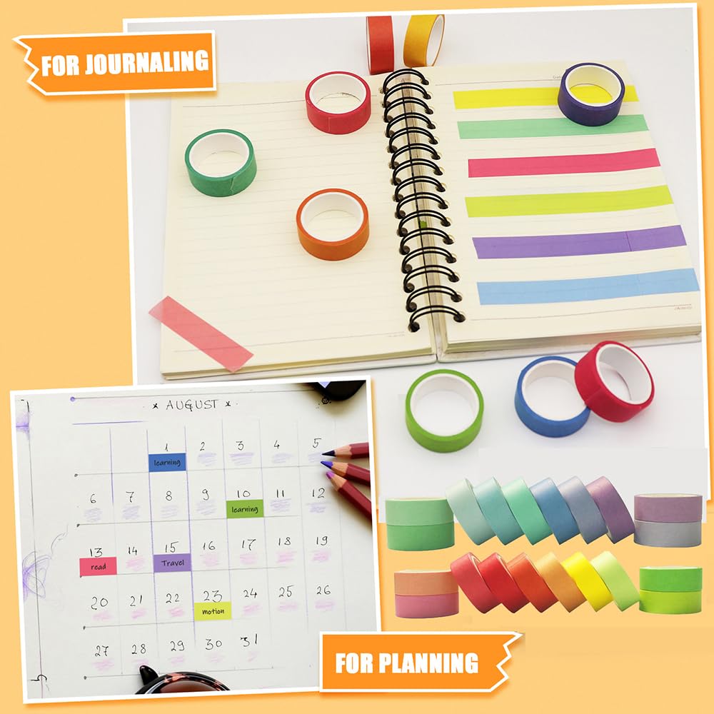 Baijixin Washi Tape Set 20 Rolls - 15 mm Rainbow Colors Decorative Tape