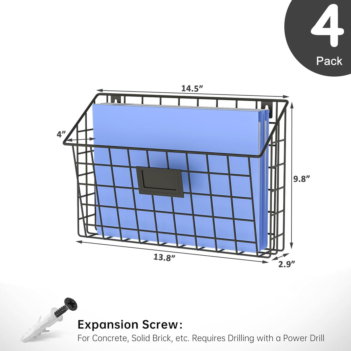 X-cosrack 4-Tier Hanging Wall File Holder Vertical Wall Mount Metal Wall File Organizer with Tag