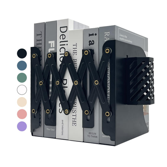 Kingsmile Book Ends, Adjustable Heavy Duty Metal Book Stoppers with Pen Holder for Desk Office