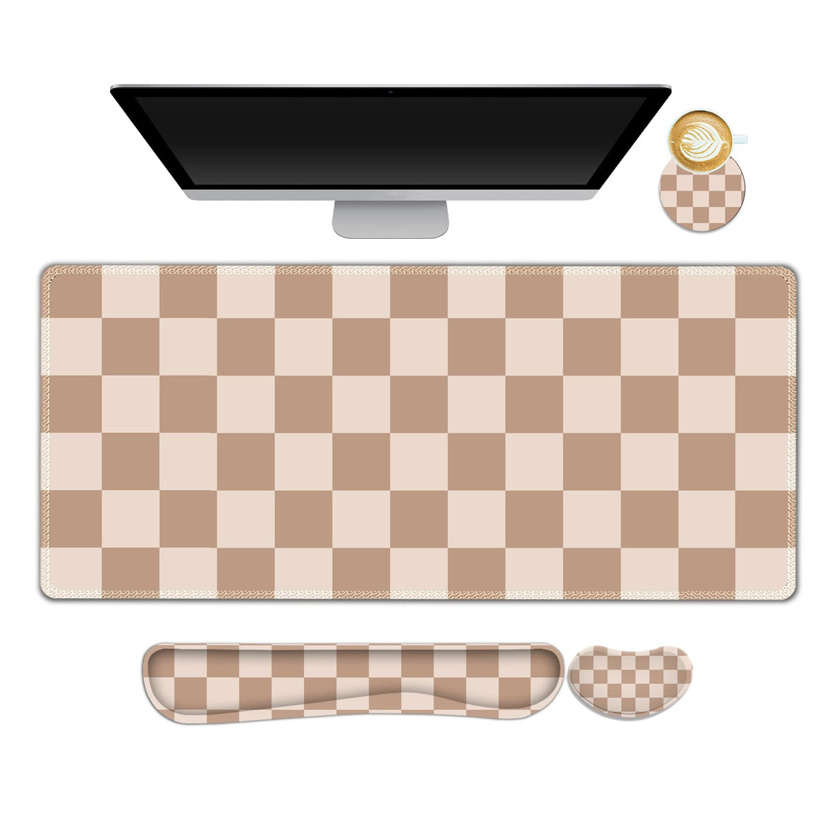Beige Khaki Checkered Mouse Pad Set, 4 in1 Large Gaming Ergonomics Keyboard Desk Mat with Memory