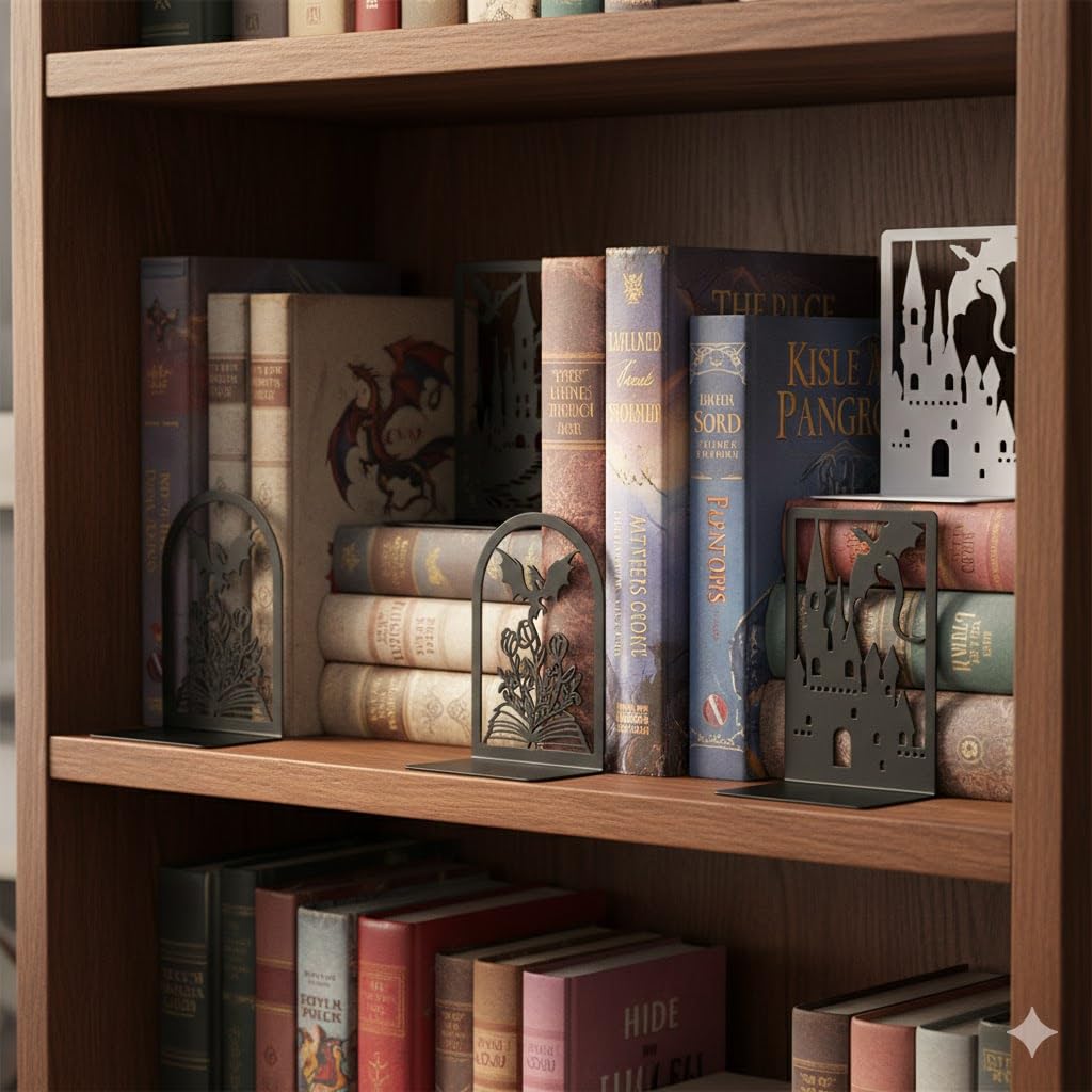 4 Pairs Dragon Book Ends, Heavy Duty Metal Bookends for Shelves