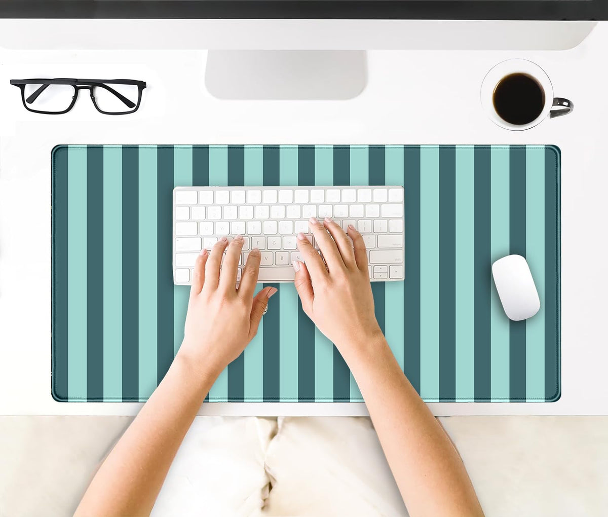 Teal Blue Striped Desk Mat Cute Pastel XXL Large Gaming Mouse Pad Desk Pad Kawaii Cozy Aesthetic