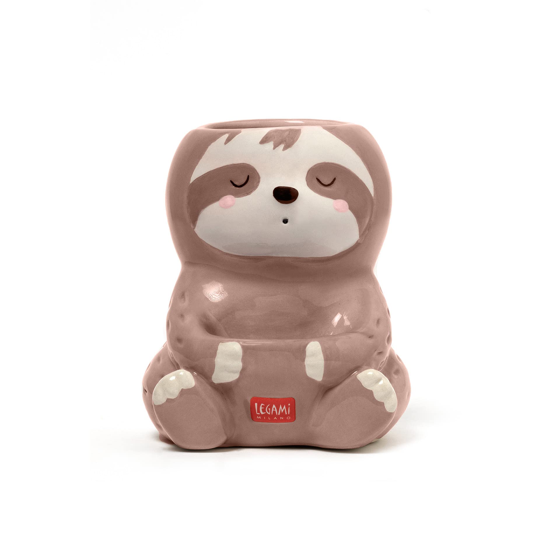 LEGAMI Desk Friends Ceramic Pen Holder, 9.2 x 10.4 cm, Sloth Theme, for Desk, Hand Painted